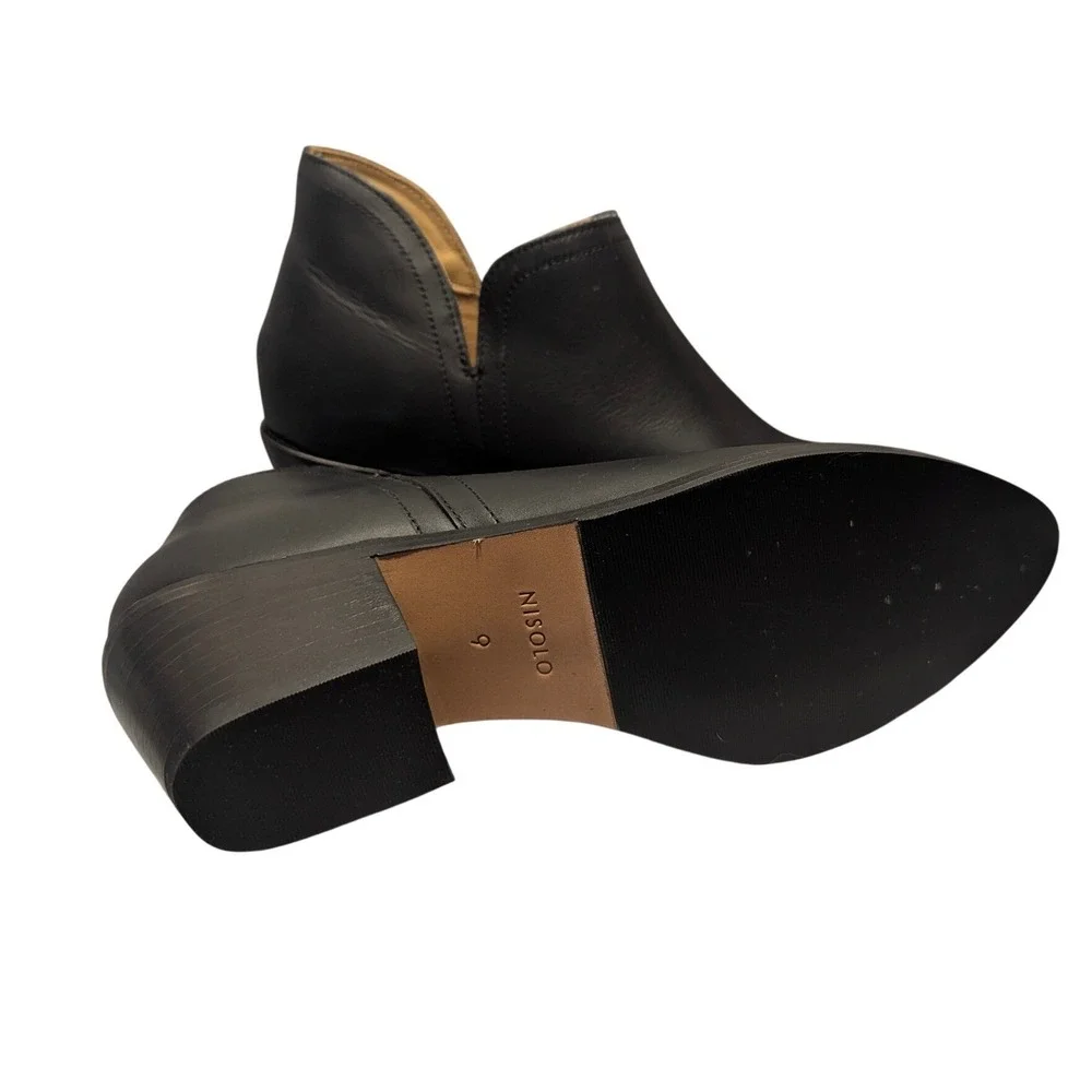 Nisolo Dari Bootie Women 9‎ Black Leather Ankle Boot Side Cutout Block Heel NEW